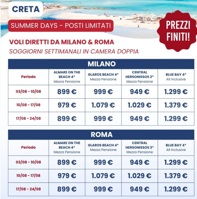 TARIFFA CRETA AGOSTO