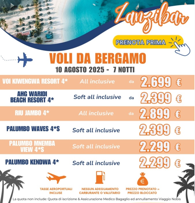 TARIFFE ZANZIBAR AGOSTO DA BERGAMO 2025